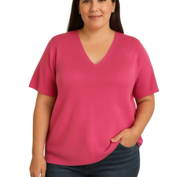 NWT CJ Banks 3X Bubblegum Pink Ribbed V-Neck Tshirt Casual Plus Size - Picture 1 of 8